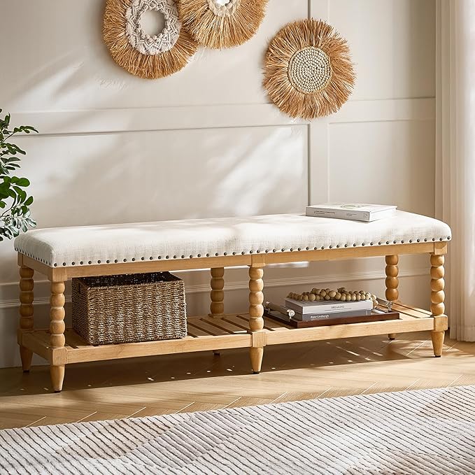 HULALA HOME Farmhouse Entryway Bench, 58" Fabric Bed Bench with Shelf, Solid Spindle Legs, Nailhead Trim Detail for Bedroom, Living Room, Hallway, Ivory