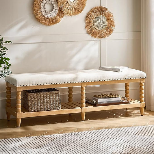 HULALA HOME Farmhouse Entryway Bench, 58" Fabric Bed Bench with Shelf, Solid Spindle Legs, Nailhead Trim Detail for Bedroom, Living Room, Hallway, Ivory