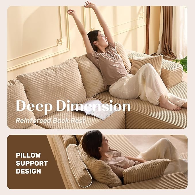 138" Boneless Couch with Deep Seat, Modular Sectional Sofa, Cloud Sectional Couch for Living Room, No Assembly Required, Corduroy, U-Shape 4 Seater Right, Camel