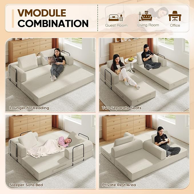 Antetek Convertible Sofa Bed, Comfy Corduroy Fluffy Love seat Sleeper Sofa, 5 in 1 Folding Couch Bed, Fold Out Floor Couch with Pillows for Bedroom, Living Room, Office, Pinstripe, Beige