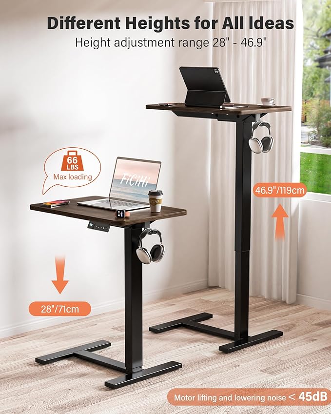 FiCiHi Small Electric Standing Desk - Adjustable Height Bedside Laptop Table with Wheels, Mobile, Portable Rolling Computer Workstation Sit Stand Table for Home Office, Sofa, Couch Use(28x16,Walnut)
