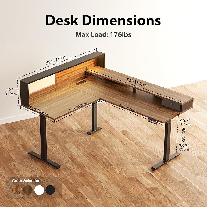 Agilestic L-Shaped Electric Standing Desk, 63x55 Inch Ergonomic Adjustable Height Desk with Storage, Stand Up Corner Desk Sit Stand Computer Table Power Outlet & LED Lights, Office Table, Dark Walnut