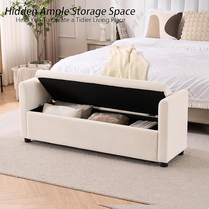 Storage Bench for Bedroom, 55" End of Bed Bench for King Size Bed, Modern Upholstered Long Ottoman Bench with Arms and 2 Pillows for Living Room/Entryway (Ivory White)