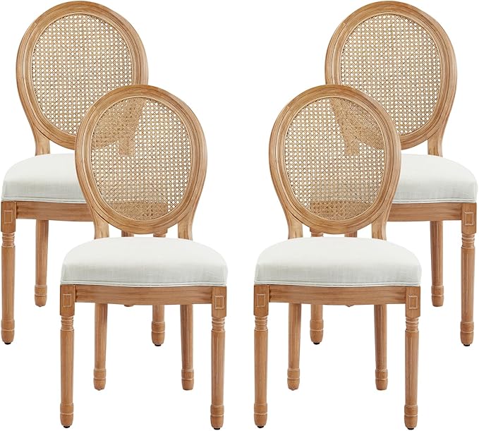 Nrizc French Country Dining Chairs Set of 4, Farmhouse Fabric Chairs with Round Back, Rattan Dining Chair, Oval Side Chairs for Dining Room/Living Room/Kitchen/Restaurant