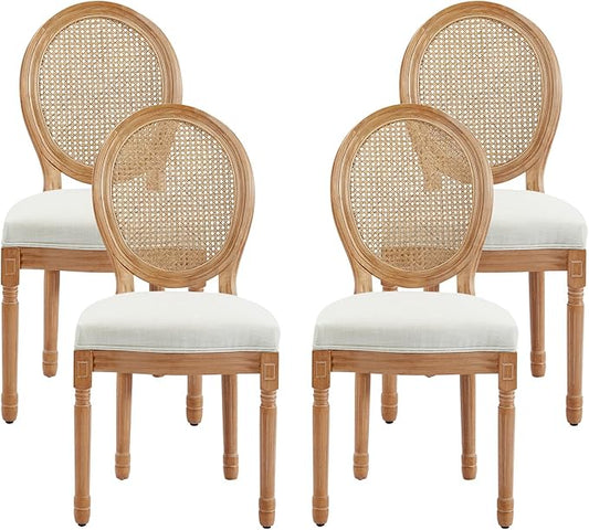 Nrizc French Country Dining Chairs Set of 4, Farmhouse Fabric Chairs with Round Back, Rattan Dining Chair, Oval Side Chairs for Dining Room/Living Room/Kitchen/Restaurant