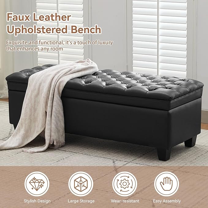 50" Faux Leather Storage Ottoman Bench, Upholstered Rectangle End of Bed Storage Ottoman Tufted Living Room Bedroom Bench with Safety Hinge, Solid Wood Legs, Loads 500 lb(Black)