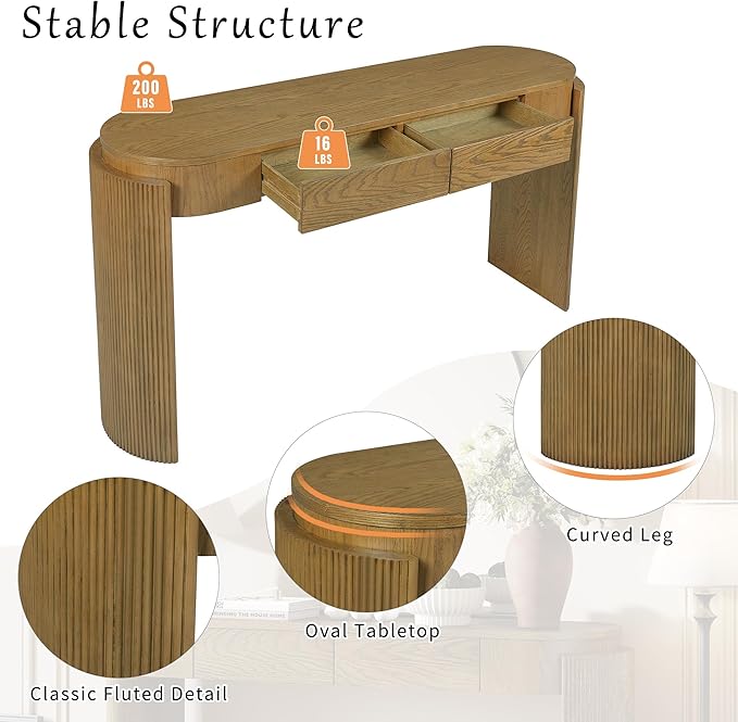 55" Wood Console Table for Entryway with Fluted,Modern Curved Oval Hallway Table and 2 Drawers,Rustic Farmhouse Narrow Sofa Table for Living Room,Bedroom,Apartments -Dark Natural