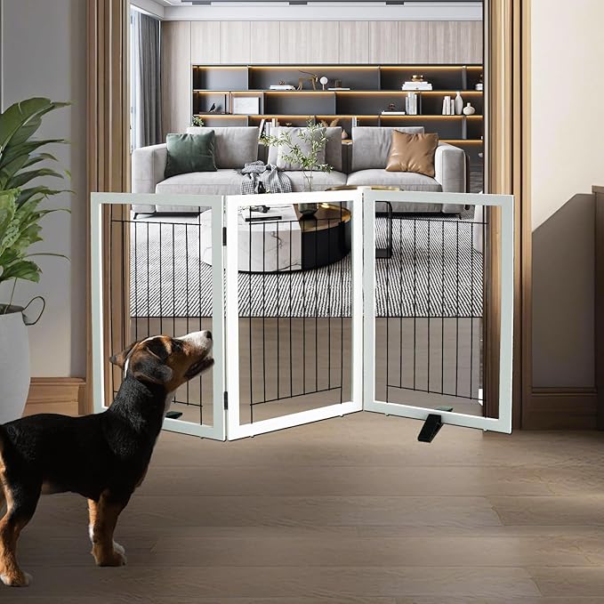 ZJSF Freestanding Dog Gate Indoor, Foldable Dog Fence for Doorways,Hallways or Stairs, Sturdy Wood Extra Wide Pet Gate with Support Feet,White,32 "Height-3 Panels