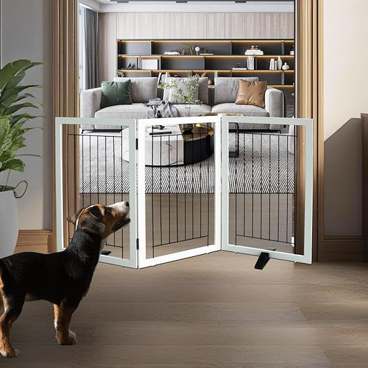 ZJSF Freestanding Dog Gate Indoor, Foldable Dog Fence for Doorways,Hallways or Stairs, Sturdy Wood Extra Wide Pet Gate with Support Feet,White,32 "Height-3 Panels