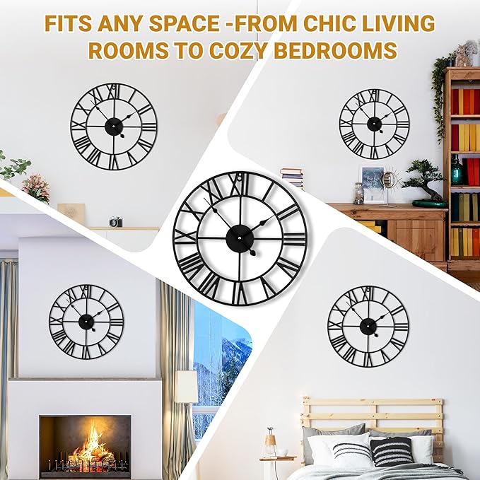 24inch/60cm Large Wall Clocks for Living Room Decor,Vintage,Modern,Round,Silent,Non Ticking,Black Wall Clock for Home,Garden,Office,Cafe Decoration(Iron Roman Numerals, 24 inches)