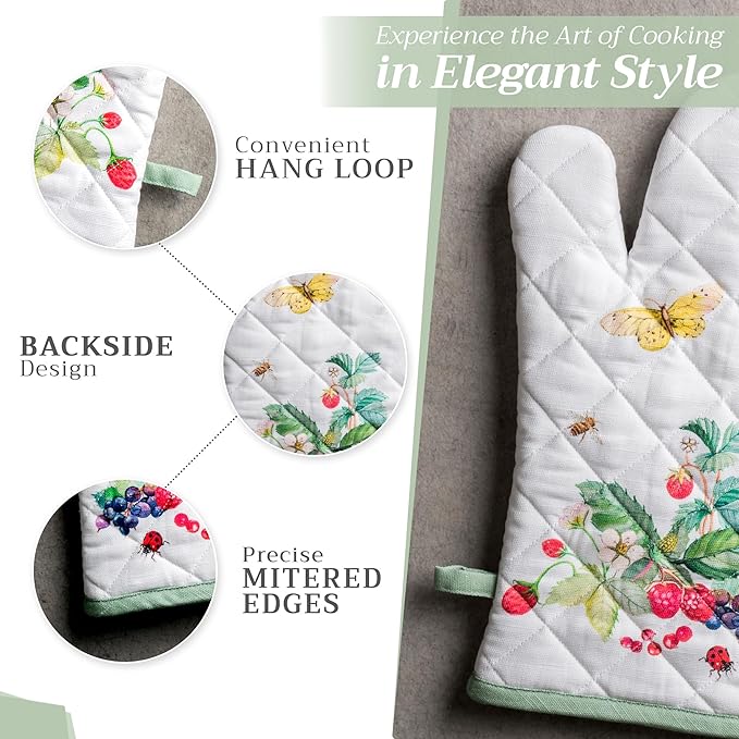 Maison d' Hermine Oven Gloves 100% Cotton Oven Mitt 7" x 13" with Loop Heat Resistant, BBQ, Cooking Gloves, Baking, Grilling, Kitchen, Handling Hot Pans Spring/Summer (Pack of 1, Printemps)