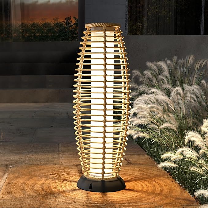 Solar Yard Outdoor Floor Lamp Patio Lights Solar Powered Lantern Weather-Resistant Wicker Deck Lights, Lamp Large for Garden (Austin Natural Brown)