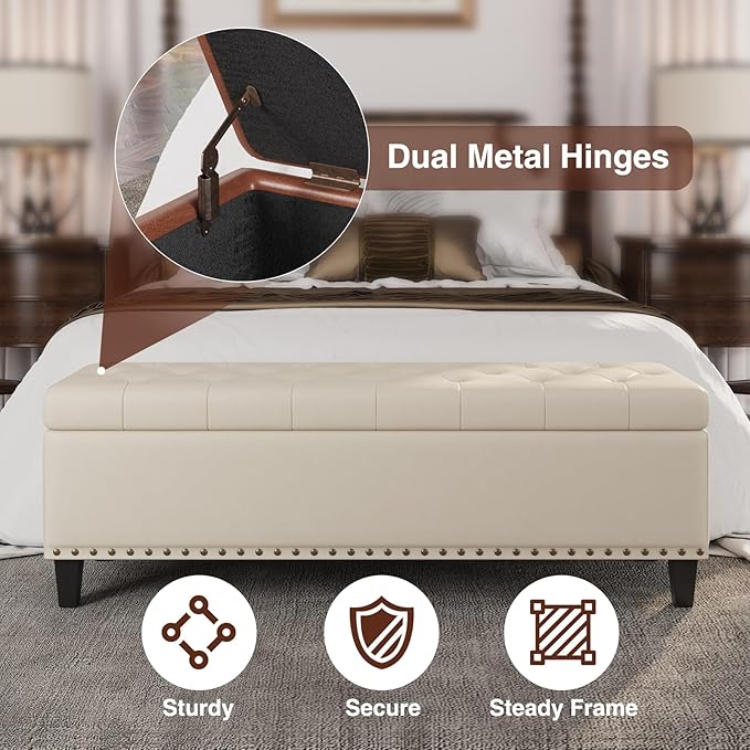Storage Ottoman Bench,51-Inch Large Storage Bench for Bedroom End of Bed, 30 Gallons Faux Leather Ottoman with Storage for Bedroom, Living Room, Entryway, Cream White
