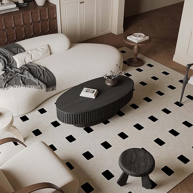 47.2" Oval Coffee Table with Storage, Fluted Coffee Table with Solid Wood Veneered, Mid Century Modern Wooden Center Table, Accent Tea Table for Living Room Apartment, Black