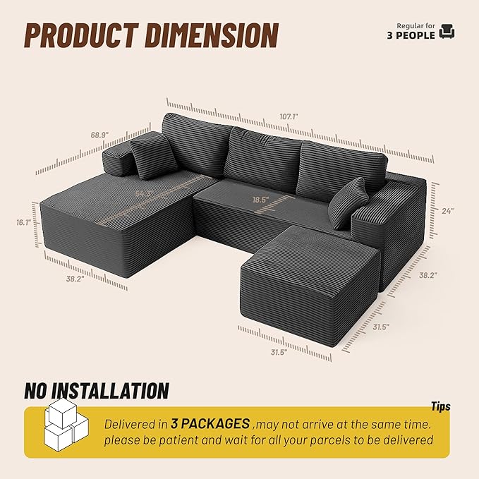 107" Boneless Couch with Deep Seat, Modular Sectional Sofa, Cloud Sectional Couch for Living Room, No Assembly Required, Corduroy, U-Shape 3 Seater Left, Gray