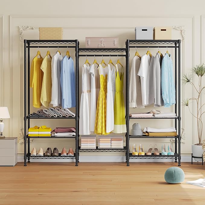 H12 Heavy Duty Clothes Rack with Adjustable 5-Tier Shoe Rack, Freestanding Clothing Racks for Hanging Clothes, Metal Shoe Organizer Large Closet Racks, 15.7" D x 68.7" W x 76.4" H, Black