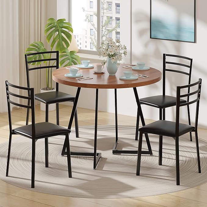 VECELO 35” Round Dining Table Set with 4 Cushioned Padded Chairs for Kitchen, Breakfast Nook, or Living Room, Wood-Grain Tabletop & Heavy-Duty Steel Frame, Easy Assembly, Walnut