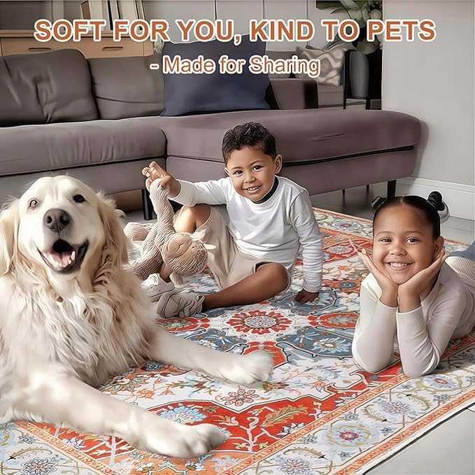 WILLSUN Washable Area Rugs, 4x6 Non-Slip Boho Large Area Rugs for Living Room, Bedroom, Machine Washable Vintage Rug, Indoor Floral Print Carpet for Home Decor, Kid & Pet Friendly Mat