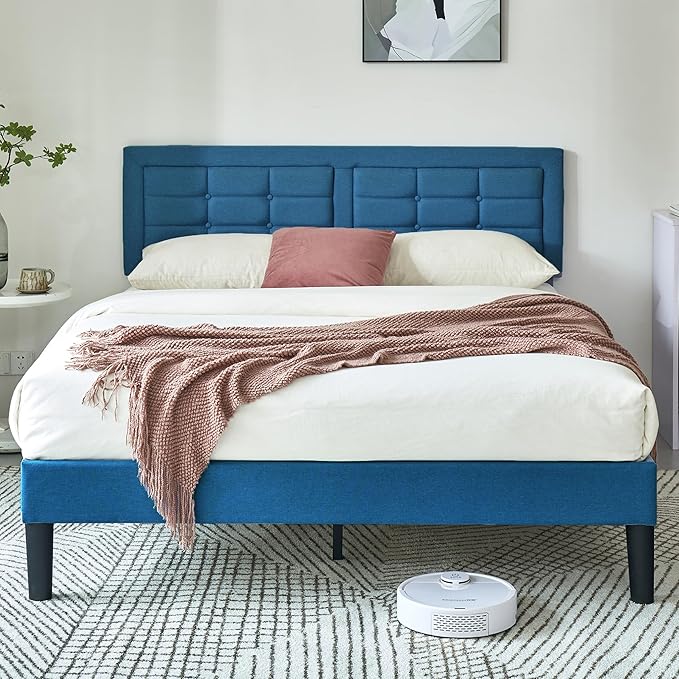 VECELO Queen Size Bed Frame with Adjustable Headboard, Upholstered Button Tufted Platform Bedframe with Wood Slats Support, No Box Spring Needed, Aegean Blue