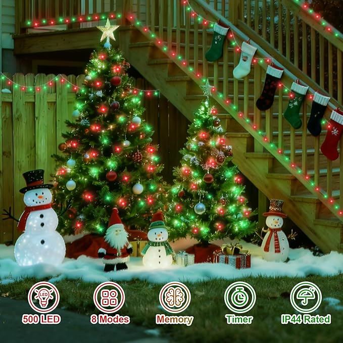 QITONG Red and Green Christmas Light Outdoor Waterproof, 165ft 500 LED Clear Wire String Lights Indoor, 8 Modes Christmas Tree Light Plug-in