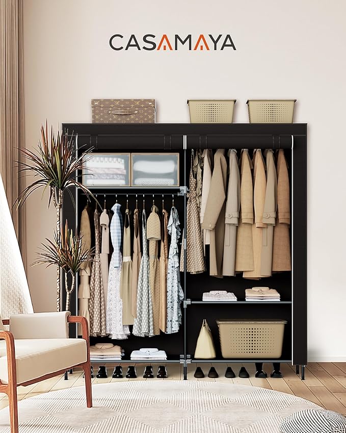 Portable Closet, 61.8 Inch Large Capacity Wardrobe Closet with Cover, Clothes Storage Organizer with Shelves and 2 Hanging Rods, Easy to Assembly, Black PCT222B01