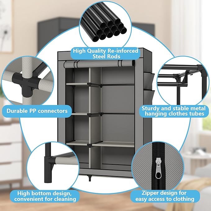 Calmootey Portable Closet, Wardrobe with 6 Shelves and Hanging Rod, Storage Organizer for Bedroom, Non-Woven Fabric Cover with 4 Side Pockets, Includes 2 Storage Bags for Clothes, Grey