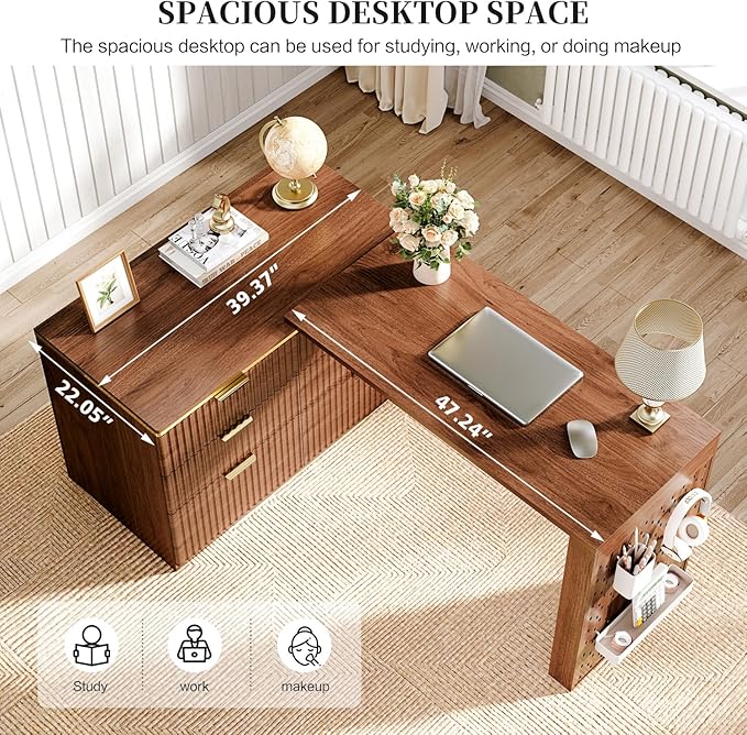 L Shaped Standing Desk,47" Home Office Desks, Executive, Farmhouse Computer Desk with 6 Drawers File Drawer, Rustic Computer Writing, Walnut