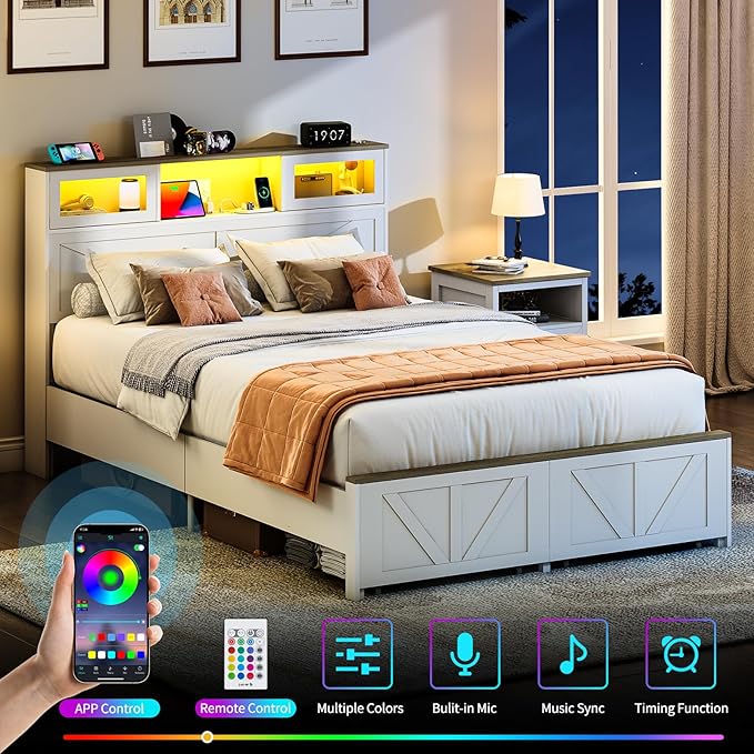 Yoobure Farmhouse Full Size Bed Frame with Headboard, Full Bed Frame with Charging Station & LED Lights, Platform Beds with 2 Storage Drawer, Wood Bedframe, Noise Free, No Box Spring Needed, White