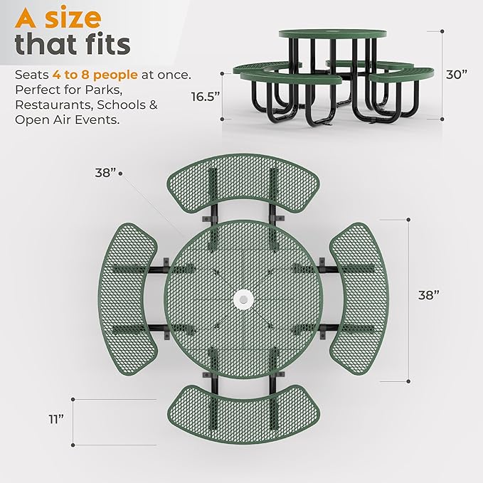 Metal Picnic Tables for Outdoors with Umbrella Hole - Coated Steel Heavy Duty Commercial Grade Furniture Set with Adjustable Seats (Green, 38 in, Round, Expanded Steel)