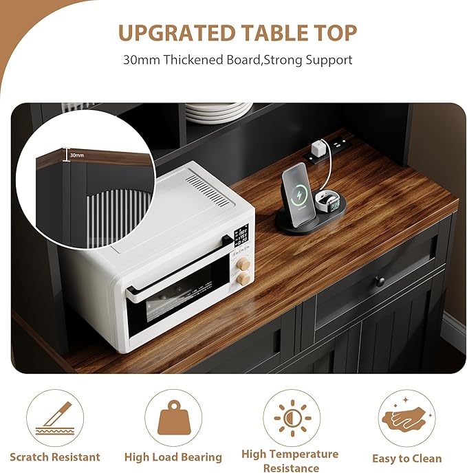 Garvee 71" Pantry Cabinet with Charging Station, Tall Kitchen Pantry Storage Cabinet with Microwave Stand, Farmhouse Kitchen Hutch with Storage Drawers for Living Room, Dining Room, Black