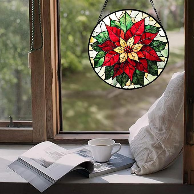 Stained Glass Window Hanging - Red Poinsettia Birth Flower Sun Catcher for Door Garden Home Decor Suncatcher Christmas Mother's Day Birthday Gifts for Women Men Mom Girl Nana Friend 11.8 in