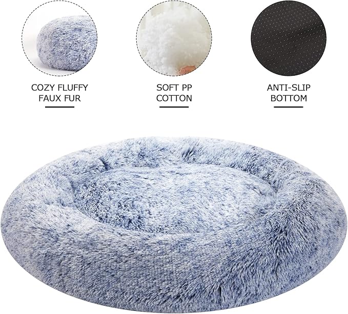 Bedfolks Calming Donut Dog Bed - 45 Inch Round Plush Dog Bed, Anti-Anxiety, Washable & Non-Slip (Navy Blue, Extra Large)