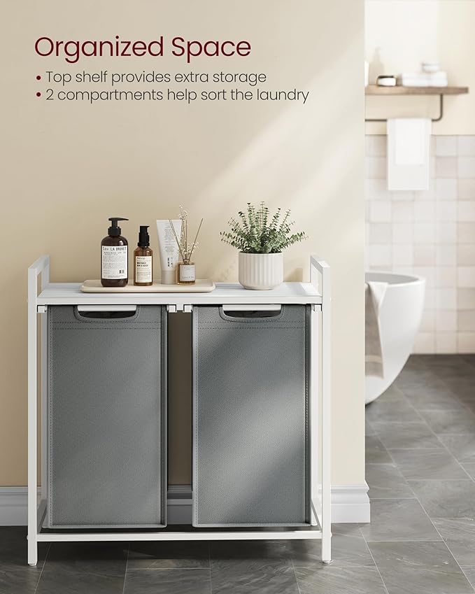 VASAGLE Laundry Hamper, Laundry Basket, Laundry Sorter with 2 Pull-Out and Removable Bags, Shelf, Metal Frame, 2 x 12.1 Gallons (46 L), 28.8 x 13 x 28.4 Inches, Slate Gray and Cloud White UBLH201W11