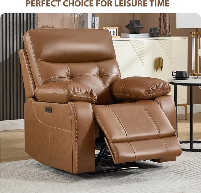 CANMOV Genuine Leather Recliner Chair, Power Single Reclining Sofa with Comfortable Arms and Back, Modern Electric Recliner Couch Set with Hidden Cup Holders,USB, Type C Port for Living Room,Brown
