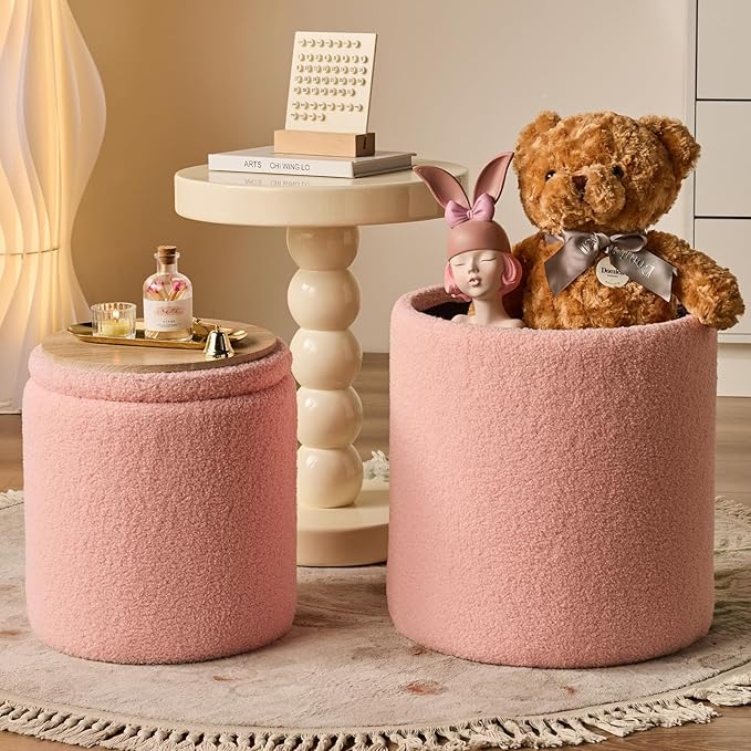 Round Ottoman with Storage Set of 2-Upholstered Sherpa Vanity Stool for MakeupMultifunctional Ottomans Coffee Table Padded Seat Foot Rest for LivingRoom&Bedroom(Sherpa Pink)