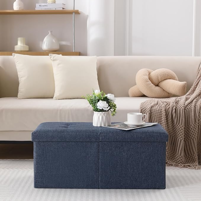 CUYOCA Storage Ottoman Bench Foldable Seat Footrest Shoe Bench End of Bed Storage with Flipping Lid, 75L Storage Space, 30 inches Linen Fabric Navy