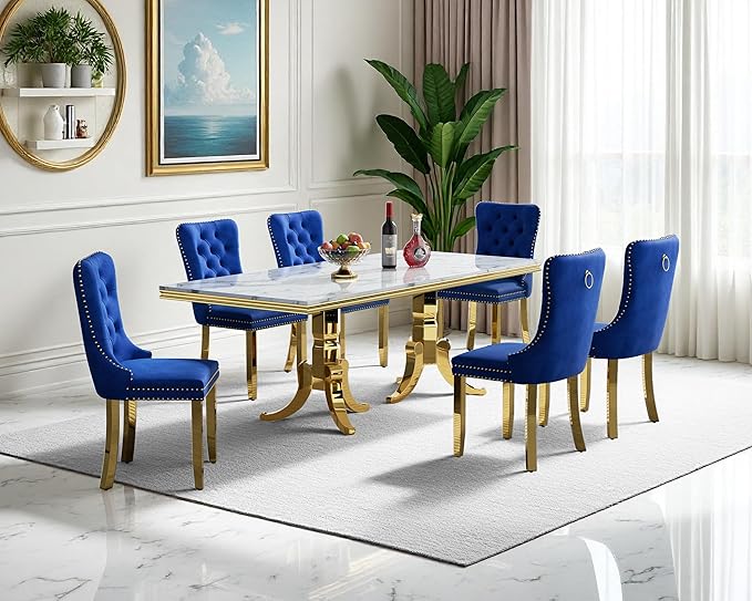 Goujxcy Faux Marble Dining Table Set for 6, Modern 7-Piece Dining Table Set with 6 Velvet Upholstered Chairs, 70" Large Long Faux Marble Kitchen Dining Room Table and Chairs with Stainless Steel Legs