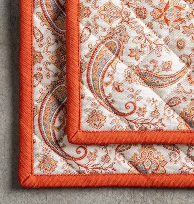 Maison d' Hermine Pot Holders Set 100% Cotton Heat Resistant Potholders 8" x 8" Hot Pads with Loop for Thanksgiving Christmas Decorations BBQ Cooking Baking Handling Hot Pans (Pack of 2, Cachemire)