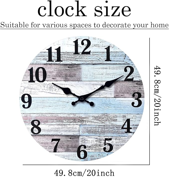 XNM Nautical Wood Clock 20 Inch Round Large Wall Clocks for Living Room Decor Farmhouse Wall Clocks Battery Operated (MDF No Solid Wood)