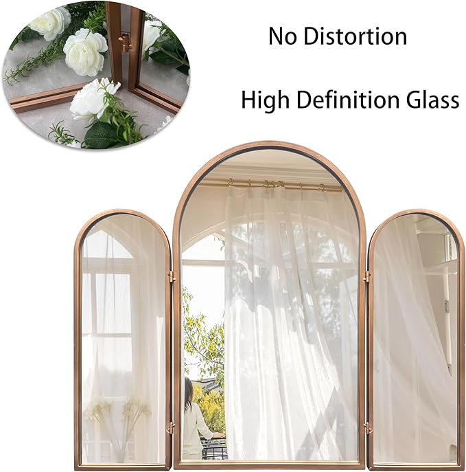3 Way Mirror Bathroom, Trifold Vanity Mirrors for Bathroom Bedroom, Large Arch Mirrors Decorative Vintage Gold, Adjustable Makeup Mirror for Braiding Hair 360° Way Tabletop & Wall Mounted
