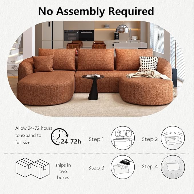 111" Modular Sectional Couches Luxury Modern Curved Back U-Shape Sofa Set with Ottoman,Minimalist Comfy Boneless Cloud Couch for Living Room Apartment,(Left Facing Chaise,Orange)