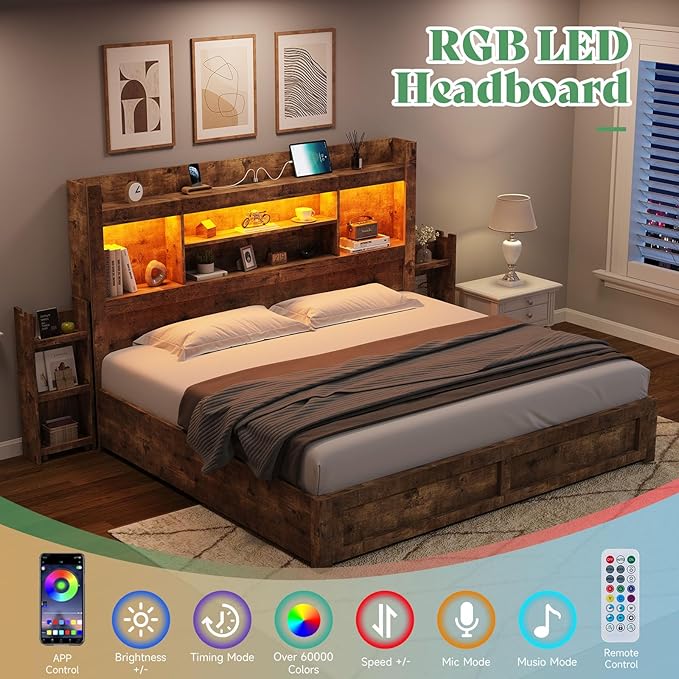 AMERLIFE King Size Bed Frame with 4 Storage Drawer & 2 Slide Bedside Table, Wood Bed Frame with 49.6" Tall Bookcase Headboard, LED Platform Bed with Charging Station, No Box Spring Needed/Rustic Brown
