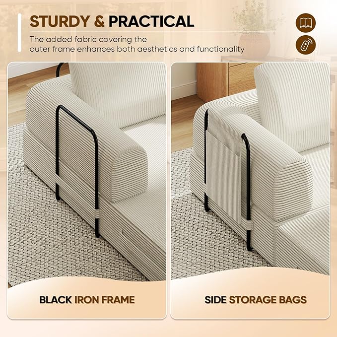 Antetek Convertible Sofa Bed, Comfy Corduroy Fluffy Love seat Sleeper Sofa, 5 in 1 Folding Couch Bed, Fold Out Floor Couch with Pillows for Bedroom, Living Room, Office, Pinstripe, Beige