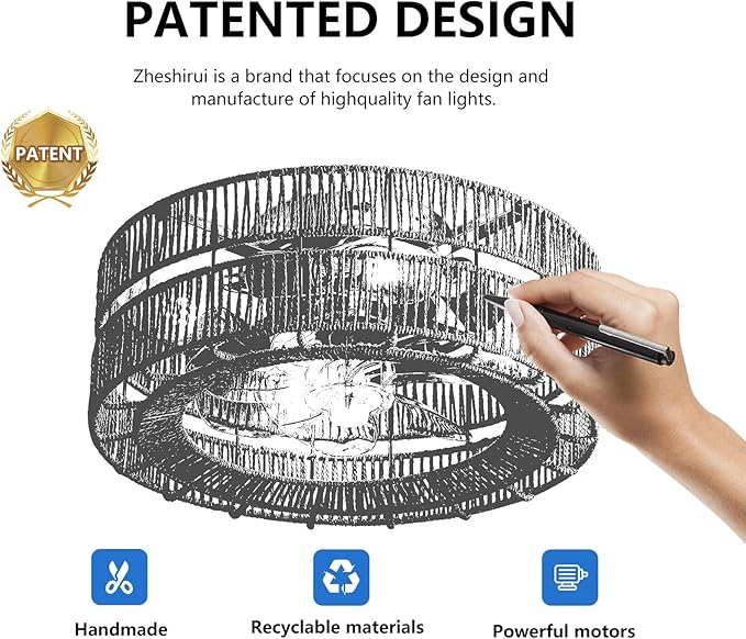 Boho Caged Ceiling Fans with Lights Flush Mount，Layered Rattan Ceiling Fan with Light Remote Control，White Farmhouse Low Profile 6 Speeds Ceiling Fan for Bedroom,Living Room,Kitchen,Dining Room