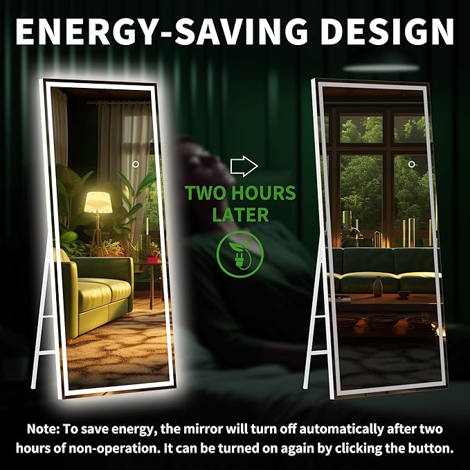Hasipu Full Length Mirror with Lights, 75" x 28" LED Lighted Floor Standing, Full Body Dressing Hanging Mounted Mirror, Dimmable, Tempered Glass, Safe to Use, Square White