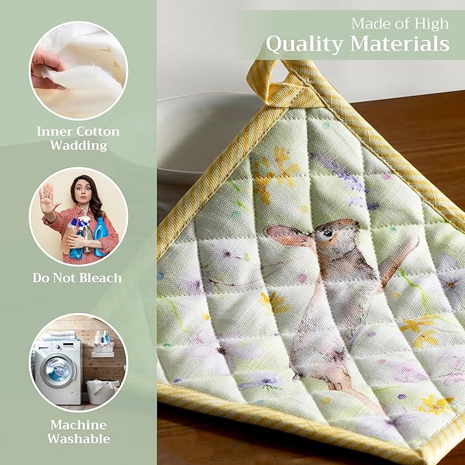 Maison d' Hermine Pot Holders 100% Cotton Heat Resistant Potholders 8" x 8" Hot Pads with Loop BBQ, Cooking, Baking, Grilling, Kitchen, Handling Hot Pans Spring/Summer (Pack of 1, Easter Zest)