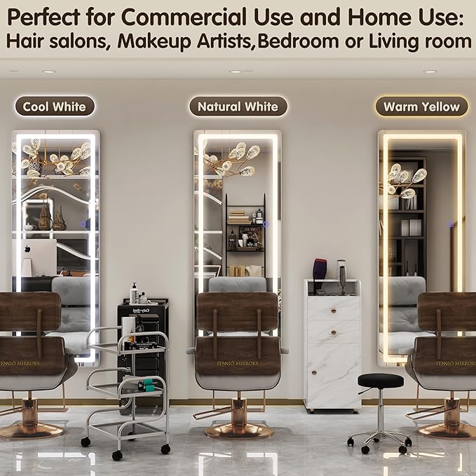 FENNIO Full Length Mirror with Lights, 57" x 17" LED Full Body, Free Standing Lighted Floor Mirror, Wall Mounted Hanging Mirror with Lights for Bedroom, Dimmable & 3 Color Lighting, White