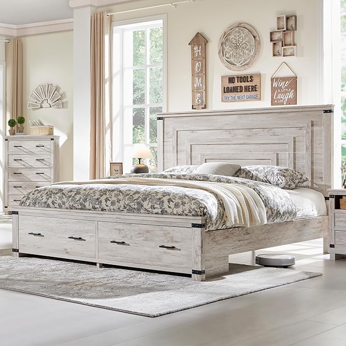RedLemon Farmhouse Queen Size Bed Frame w/ 54" Tall Geometric Headboard, Rustic Wood Platform Bed w/ 2 Large Storage Drawers, Wood Slats Support, Noise Free, No Box Spring Needed, Antique Brush White