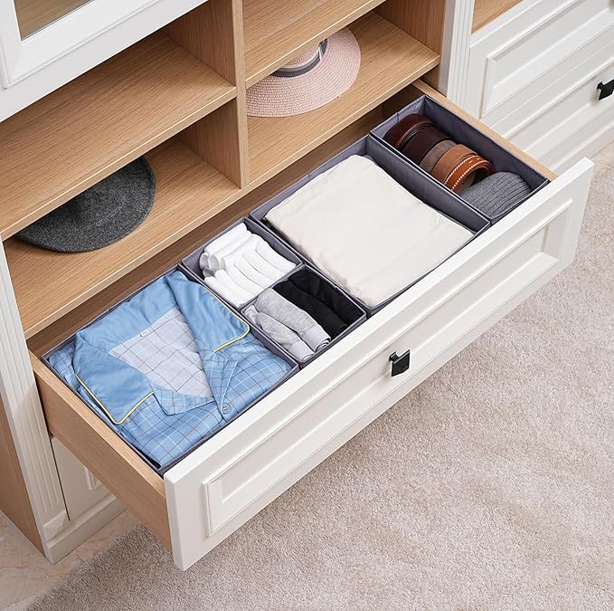 TYEERS Drawer Organizers, Durable Fabric, Washable, with Base Support Boards, Small Storage Boxes for Bathroom, Closet, Dresser, Set of 12, Dark Grey