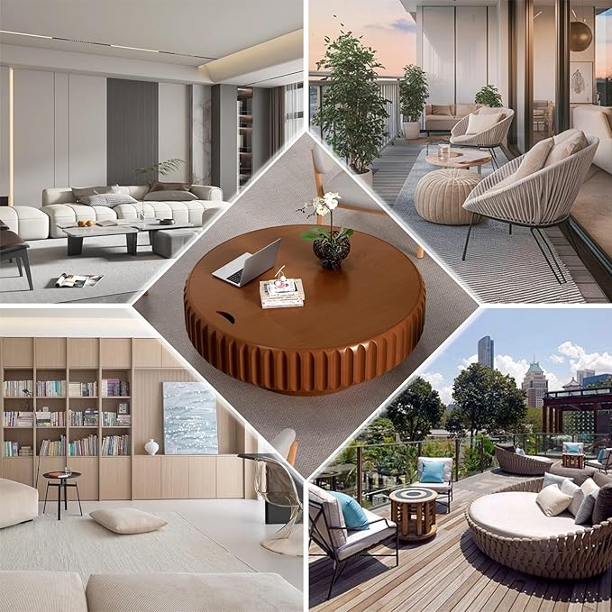 Round Coffee Table with Storage for Living Room, Handcraft Fluted Drum Coffee Table Modern Circle Wooden Coffee Table Cocktail Table for Home Office Apartment (Brown 39.37")